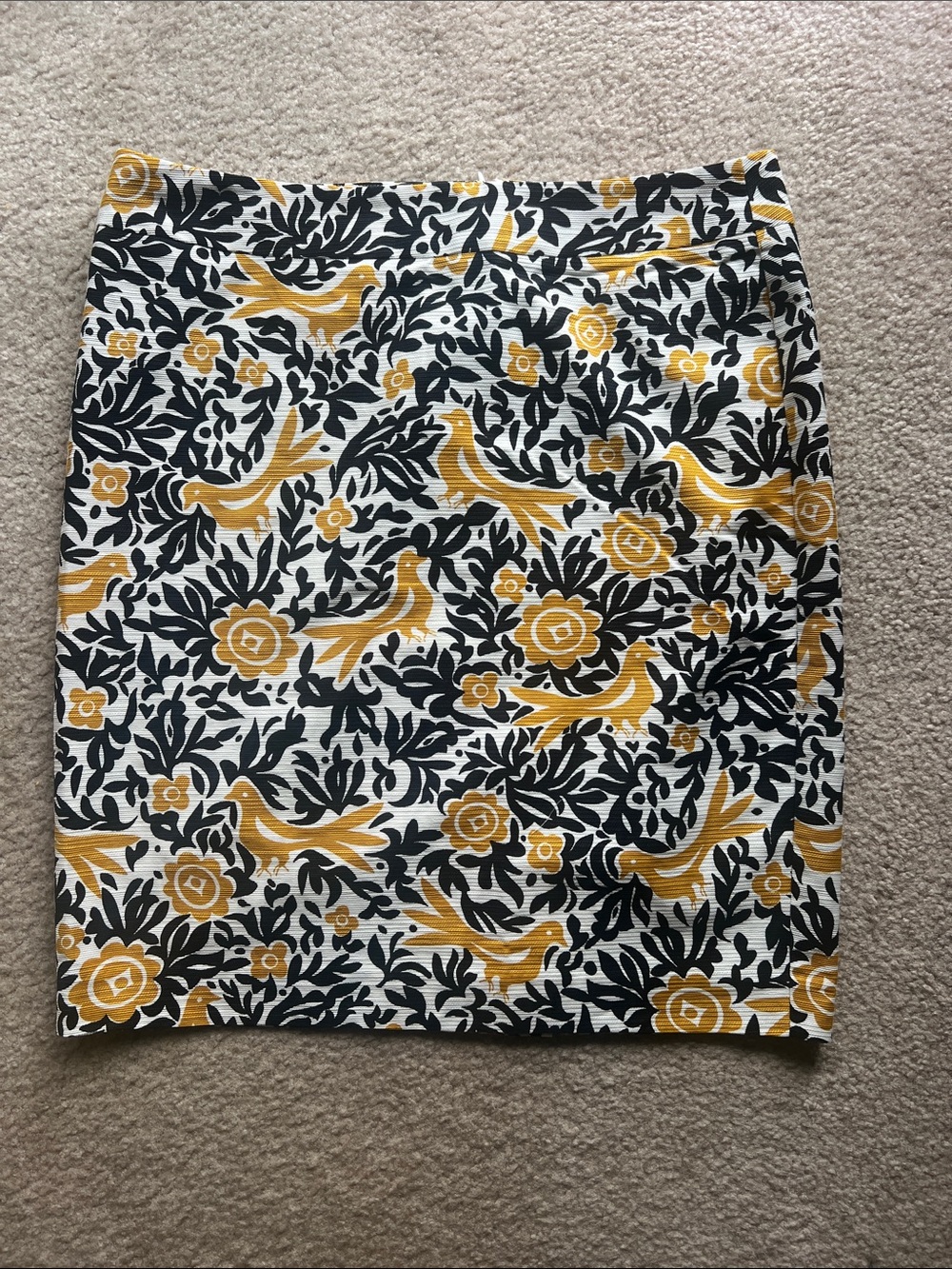 Ann Taylor Factory Black, White & Yellow Floral Bird Pencil Skirt